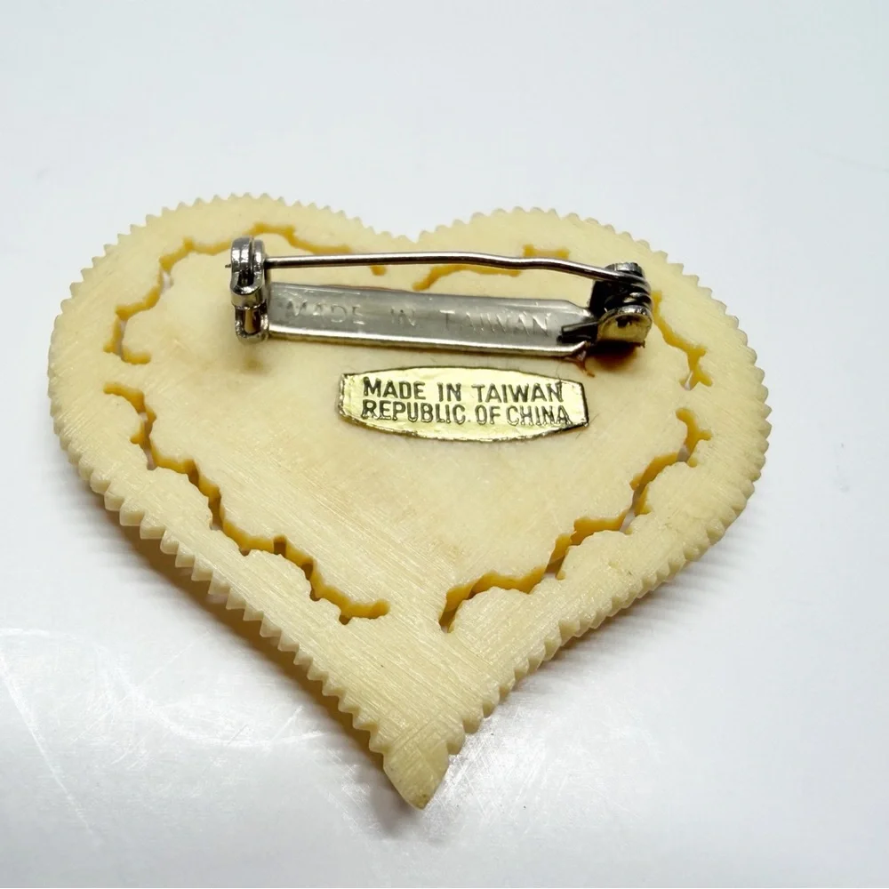Vintage Celluloid Carved Floral Rose Heart Brooch